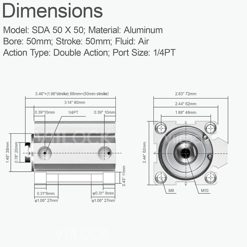 VIILOCK Pneumatic Air Cylinder 50mm Bore 50mm Stroke, Thin Air Cylinder Double Action Hydraulic Cylinders SDA 50 X 50 - Image 4
